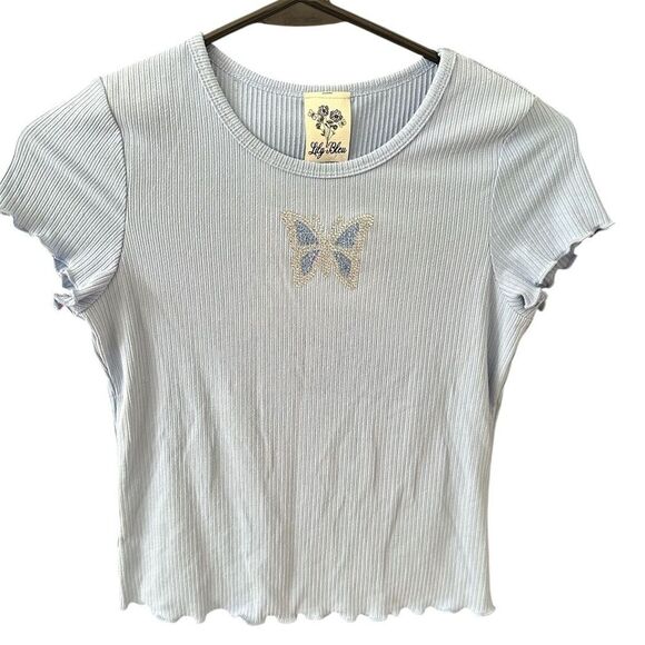 Lily Bleu Girl's L Blue Butterfly Embroidered Baby Tee Short Sleeve - Picture 1 of 6
